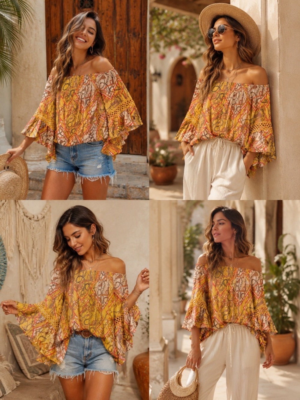 Unique Spectrum Yellow Multi-Print Off-Shoulder Ruffle Blouse size S - Picture 2 of 5